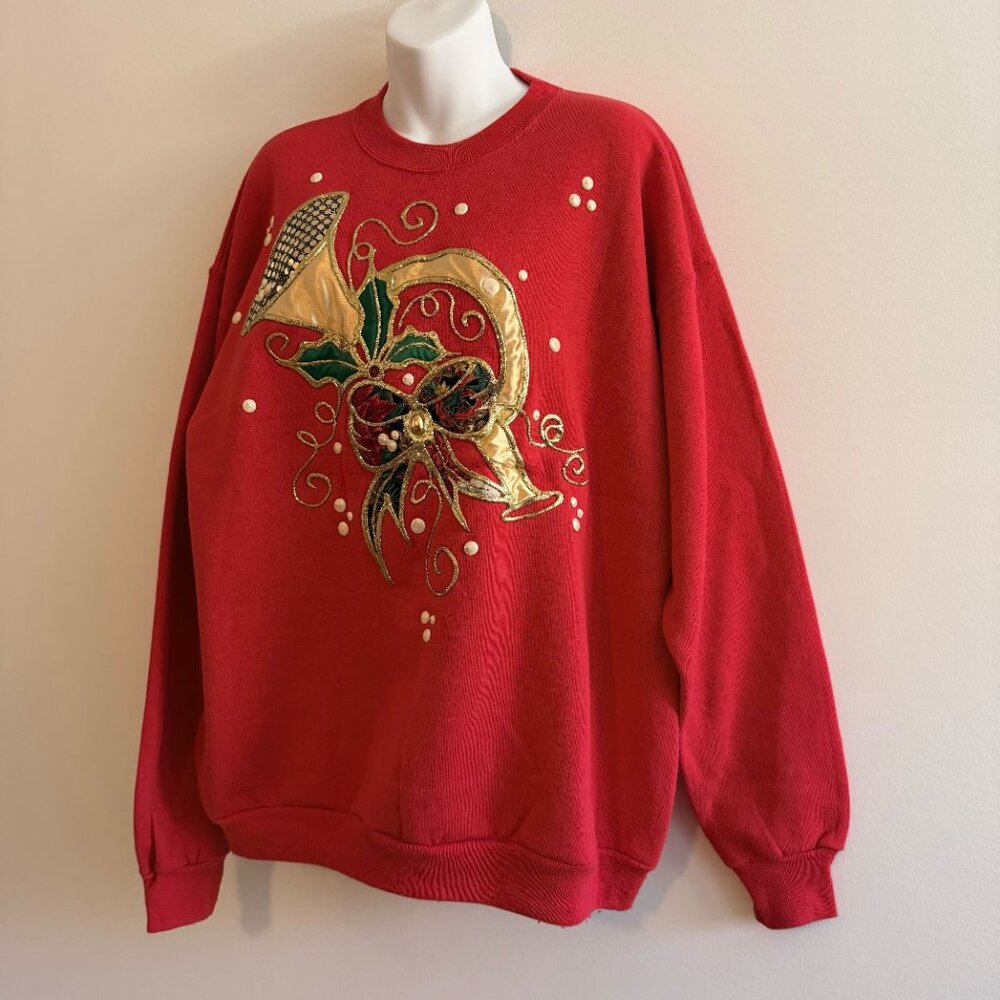 Vintage 80s Christmas Sweatshirt | Gold Horn Appliqué & Sequins | XL - Picture 4 of 9